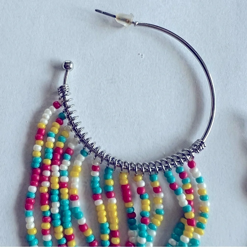 Hoops creole bohemian cascading dangly earrings, colorful beads jewelry